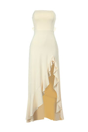 Strapless Yellow Frill Slit Long Dress