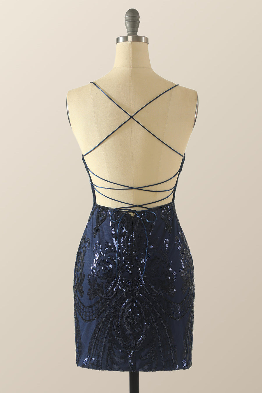 Straps Navy Blue Sequin Pattern Bodycon Mini Dress