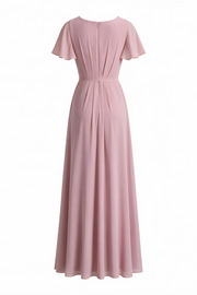 Flutter Sleeves Ruched Chiffon Dress with Sash