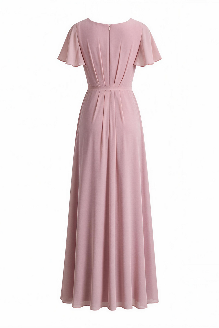 Flutter Sleeves Ruched Chiffon Dress with Sash