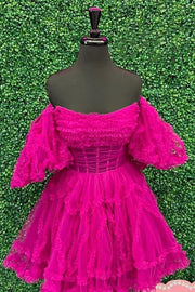 Scoop Fuchsia A-line Short Homecoming Dress with Puff Sleeves