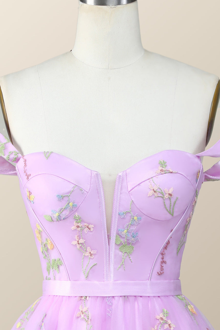 Off the Shoulder Lavender Floral Embroidered Short Homecoming Dress