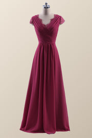 Cap Sleeves Burgundy Chiffon Long Bridesmaid Dress