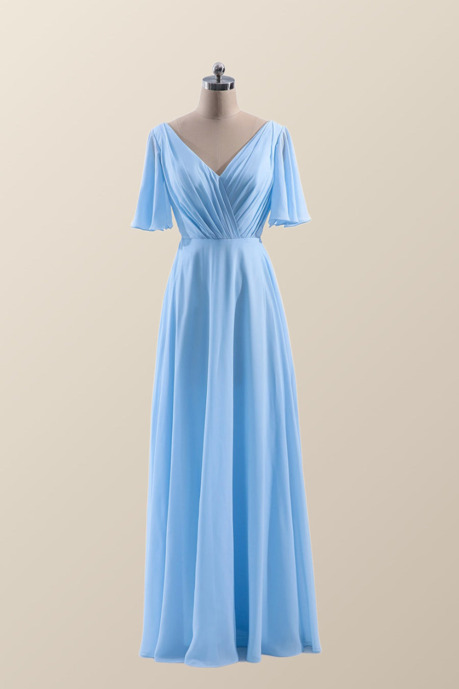 Flare Sleeves Blue Chiffon A-line Long Bridesmaid Dress Ohmollydress Flare Sleeves Blue Chiffon A-line Long Bridesmaid Dress Ohmollydress