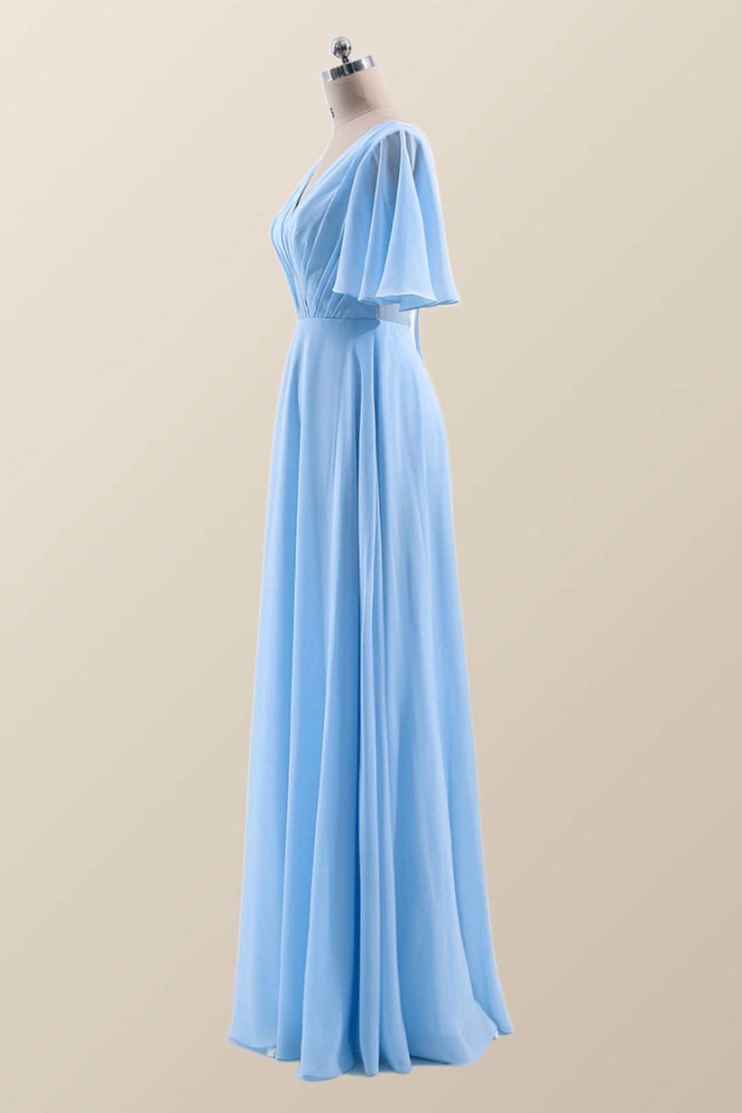 Flare Sleeves Blue Chiffon A-line Long Bridesmaid Dress Ohmollydress Flare Sleeves Blue Chiffon A-line Long Bridesmaid Dress Ohmollydress