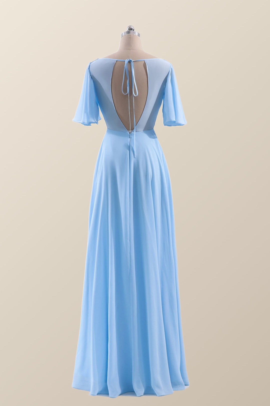 Flare Sleeves Blue Chiffon A-line Long Bridesmaid Dress Ohmollydress Flare Sleeves Blue Chiffon A-line Long Bridesmaid Dress Ohmollydress