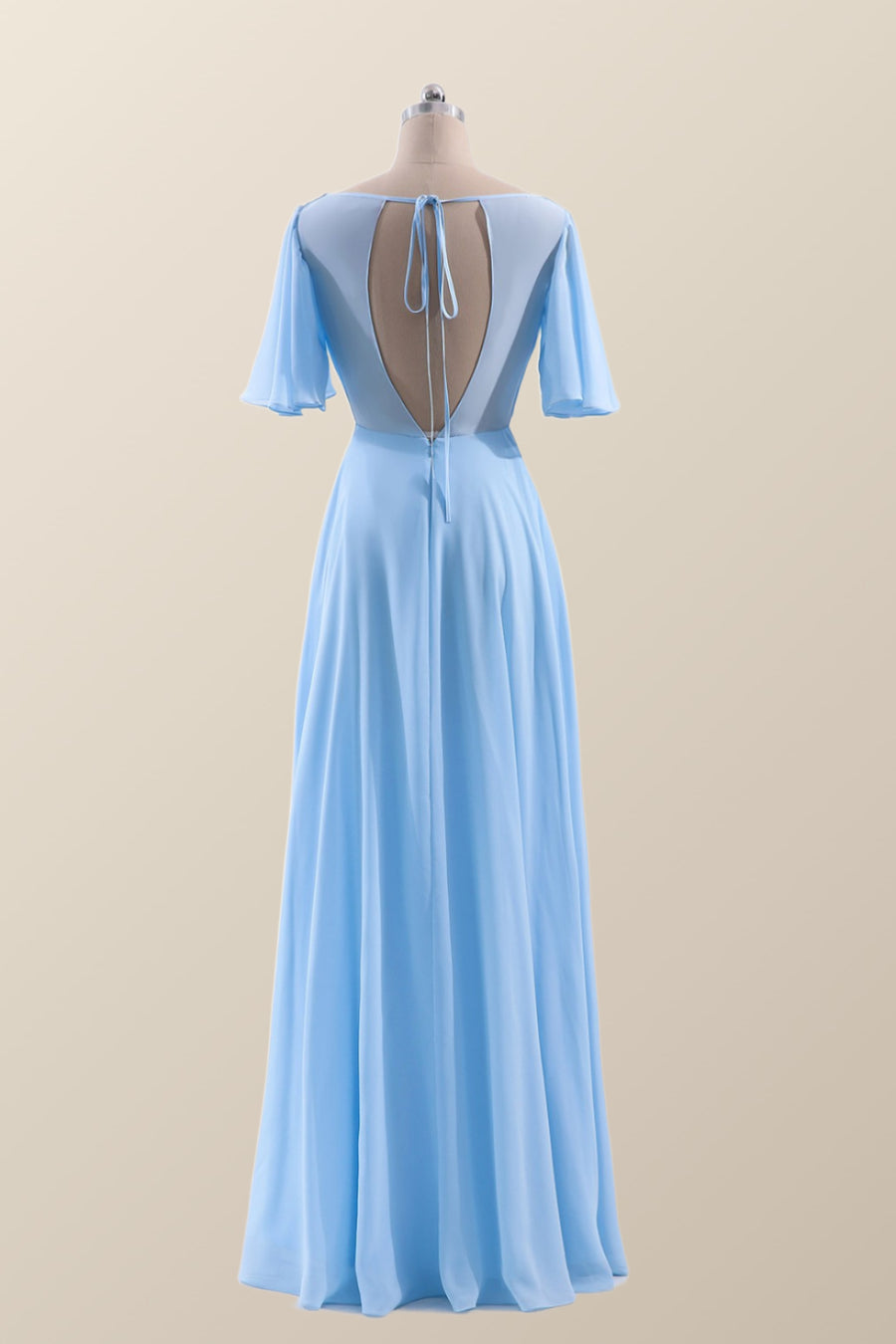 Flare Sleeves Blue Chiffon A-line Long Bridesmaid Dress Ohmollydress Flare Sleeves Blue Chiffon A-line Long Bridesmaid Dress Ohmollydress