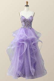 Beaded Lavender Ruffles A-line Long Prom Dress