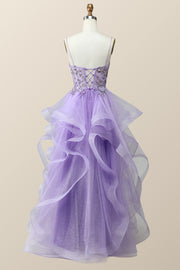 Beaded Lavender Ruffles A-line Long Prom Dress