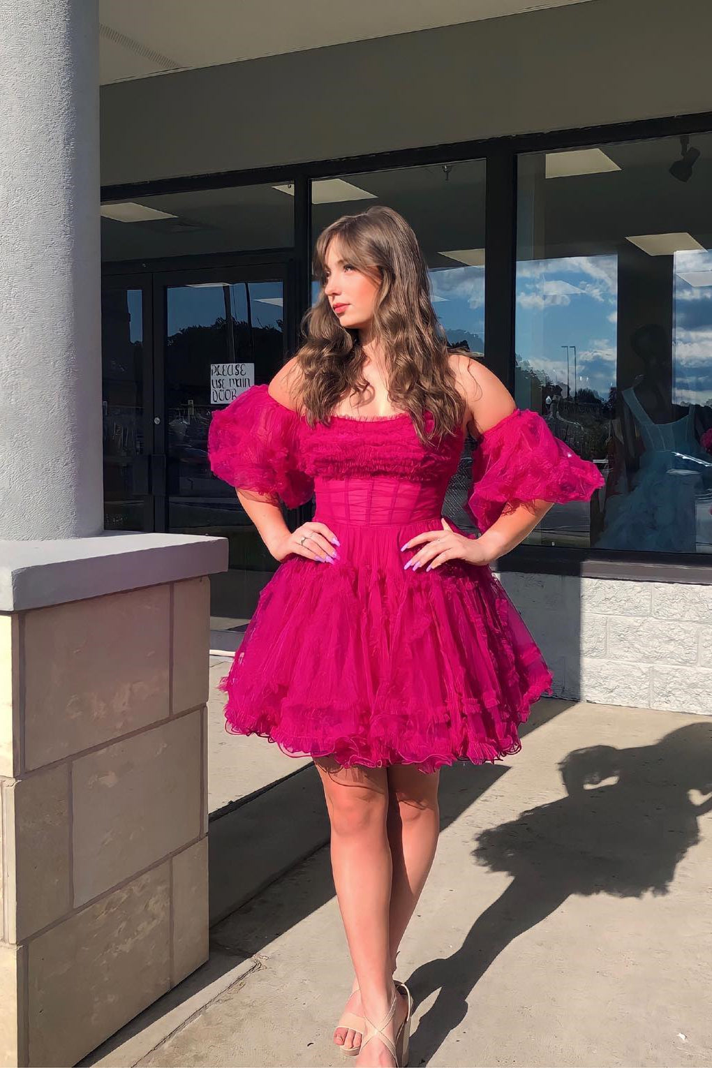 Scoop Fuchsia A-line Short Homecoming Dress with Puff Sleeves