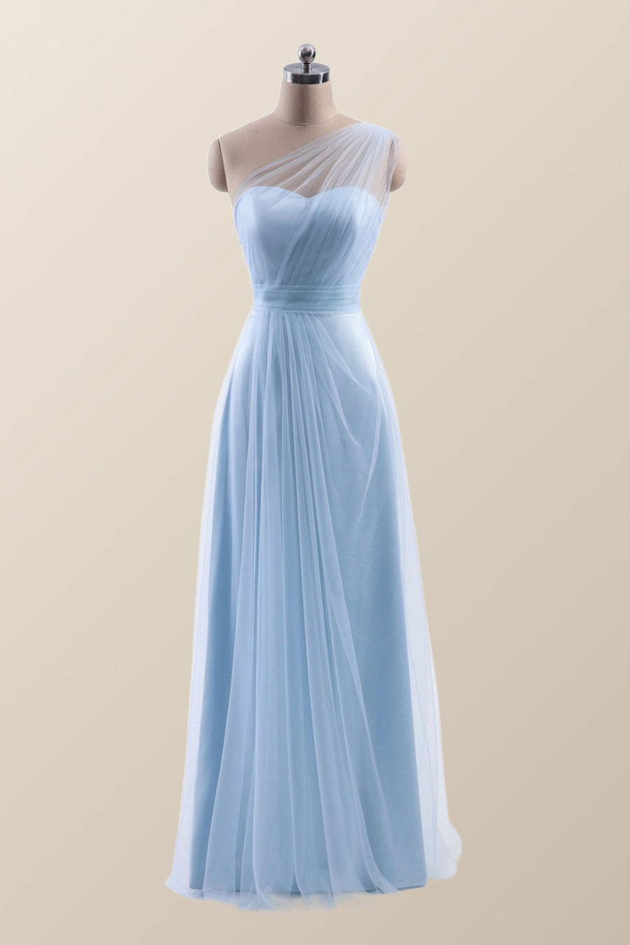One Shoulder Light Blue Tulle A-line Bridesmaid Dress