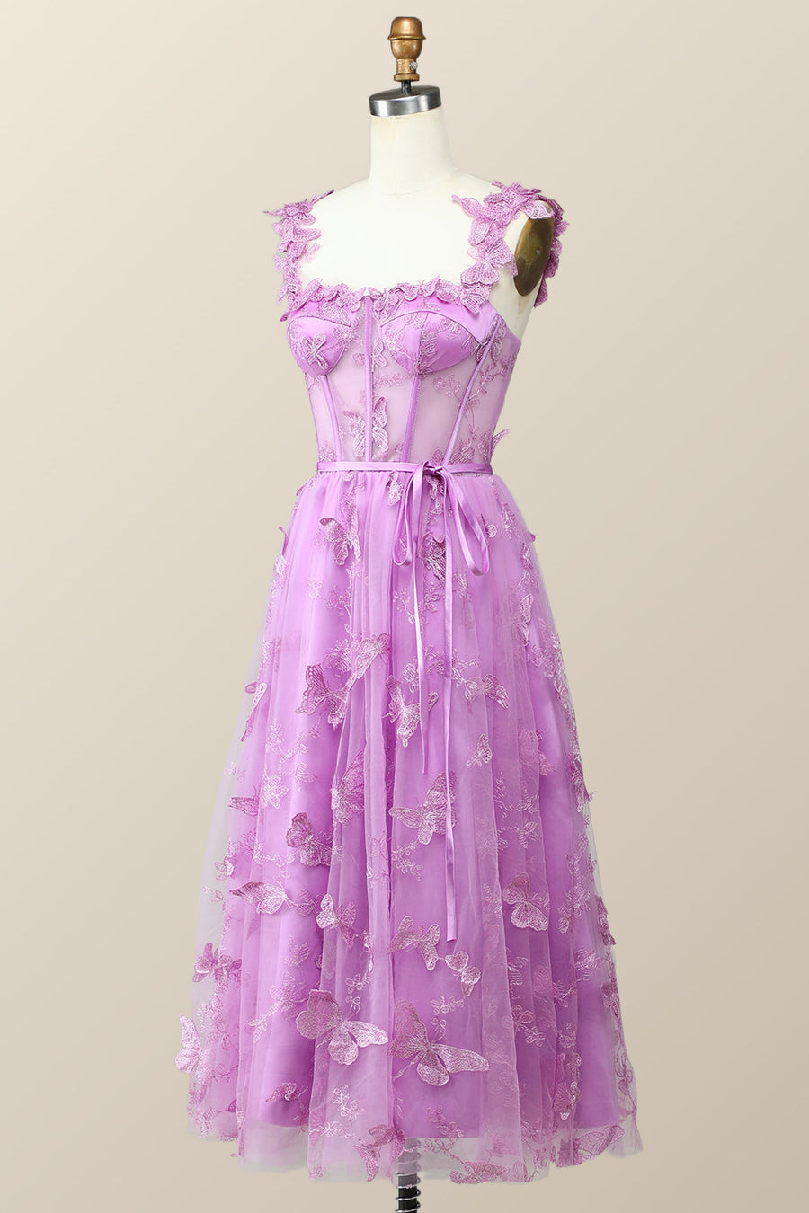 Lilac Butterfly Tulle A-line Midi Homecoming Dress