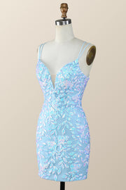 Blue Sequin Bodycon Mini Dress with Straps