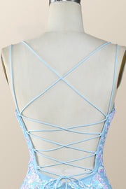 Blue Sequin Bodycon Mini Dress with Straps