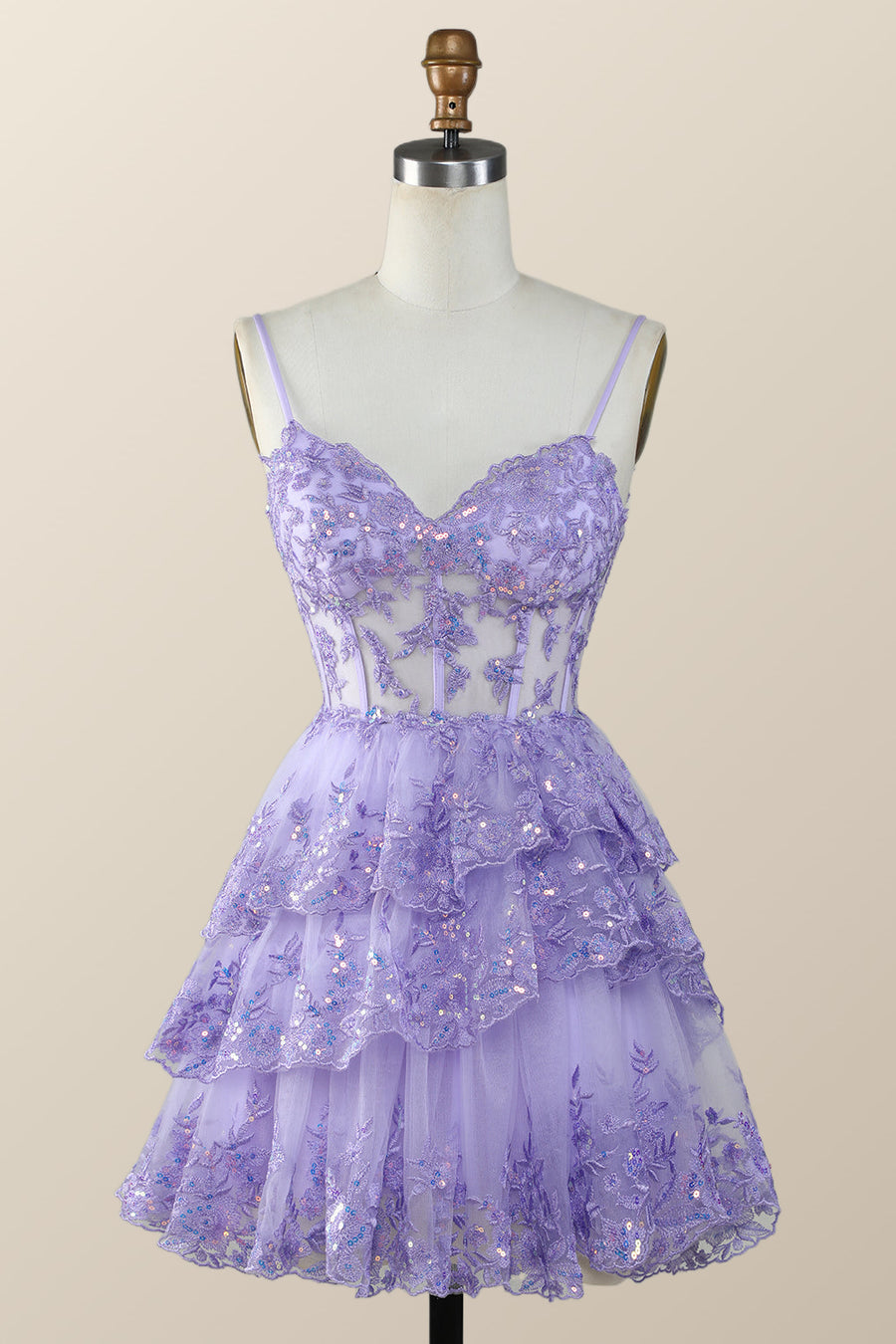 Straps Lavender Appliques Tiered Layered Short Princess Dress
