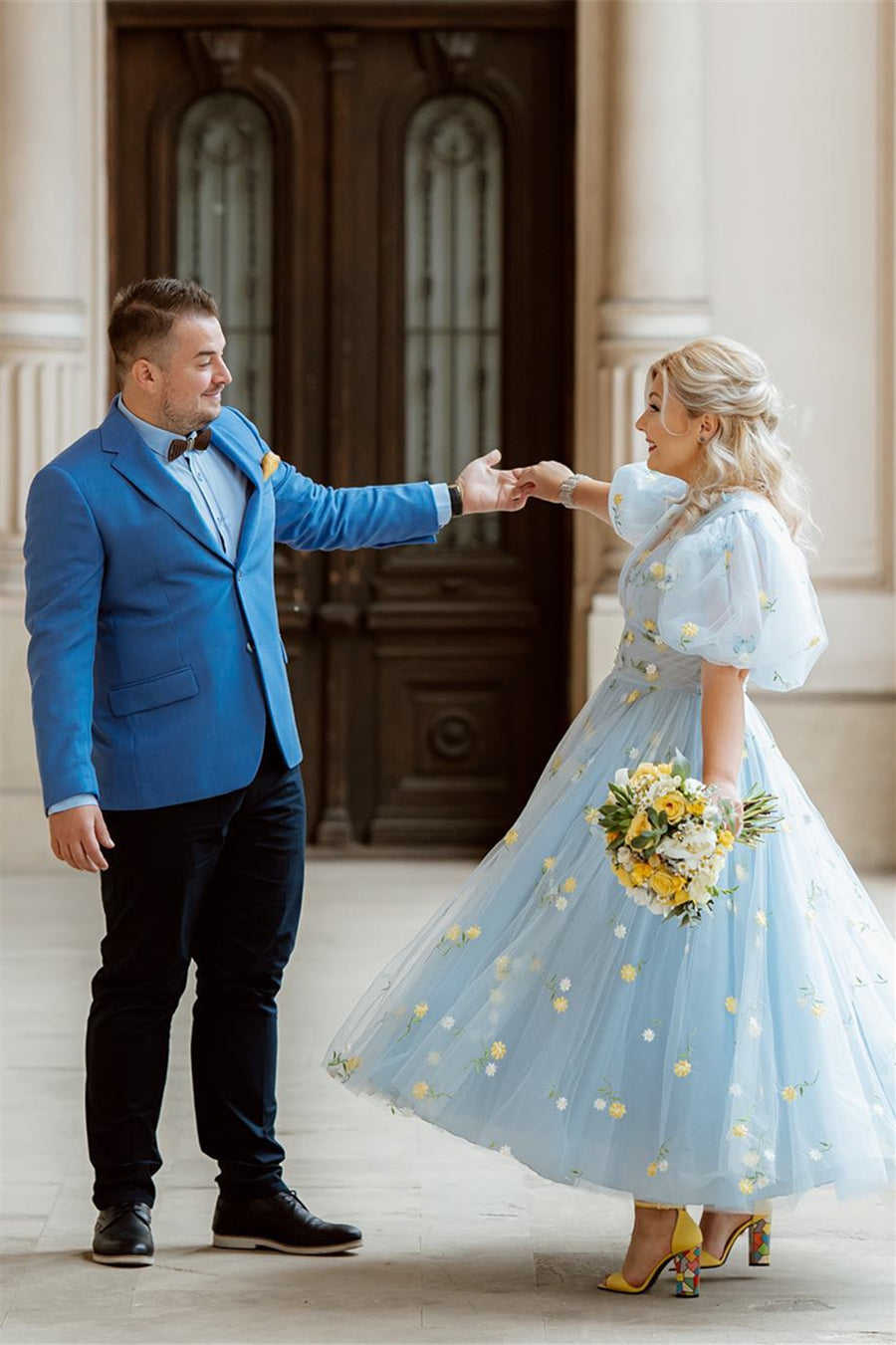 Blue and Yellow Daisy Floral Tea Length Dress – Ohmollydress