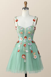 Straps Green Tulle A-line Flowers Homecoming Dress