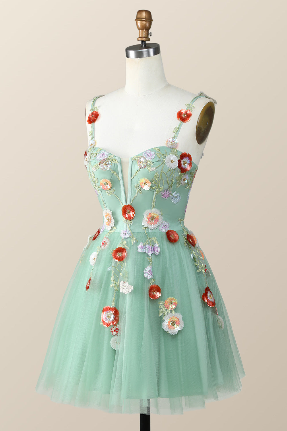 Straps Green Tulle A-line Flowers Homecoming Dress