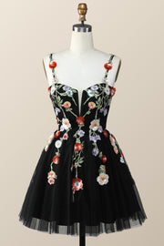 Straps Black Tulle A-line Flowers Homecoming Dress