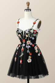 Straps Black Tulle A-line Flowers Homecoming Dress