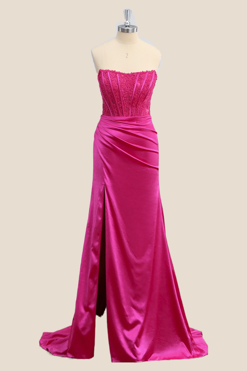 Strapless Hot Pink Lace Medrmaid Formal Dress