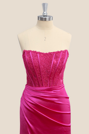 Strapless Hot Pink Lace Medrmaid Formal Dress
