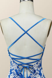 V Neck Royal Blue and White Lace Tight Mini Dress