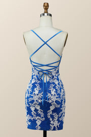 V Neck Royal Blue and White Lace Tight Mini Dress