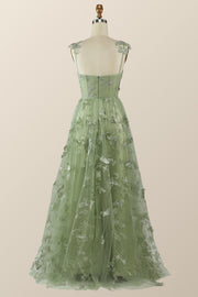 Sage Green Butterfly A-line Long Formal Dress