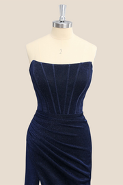 Navy Blue Strapless Mermaid Long Party Dress