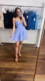 Straps Blue Tiered Ruffle Short A-line Homecoming Dress