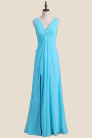 V Neck Blue Chiffon A-line Long Bridesmaid Dress
