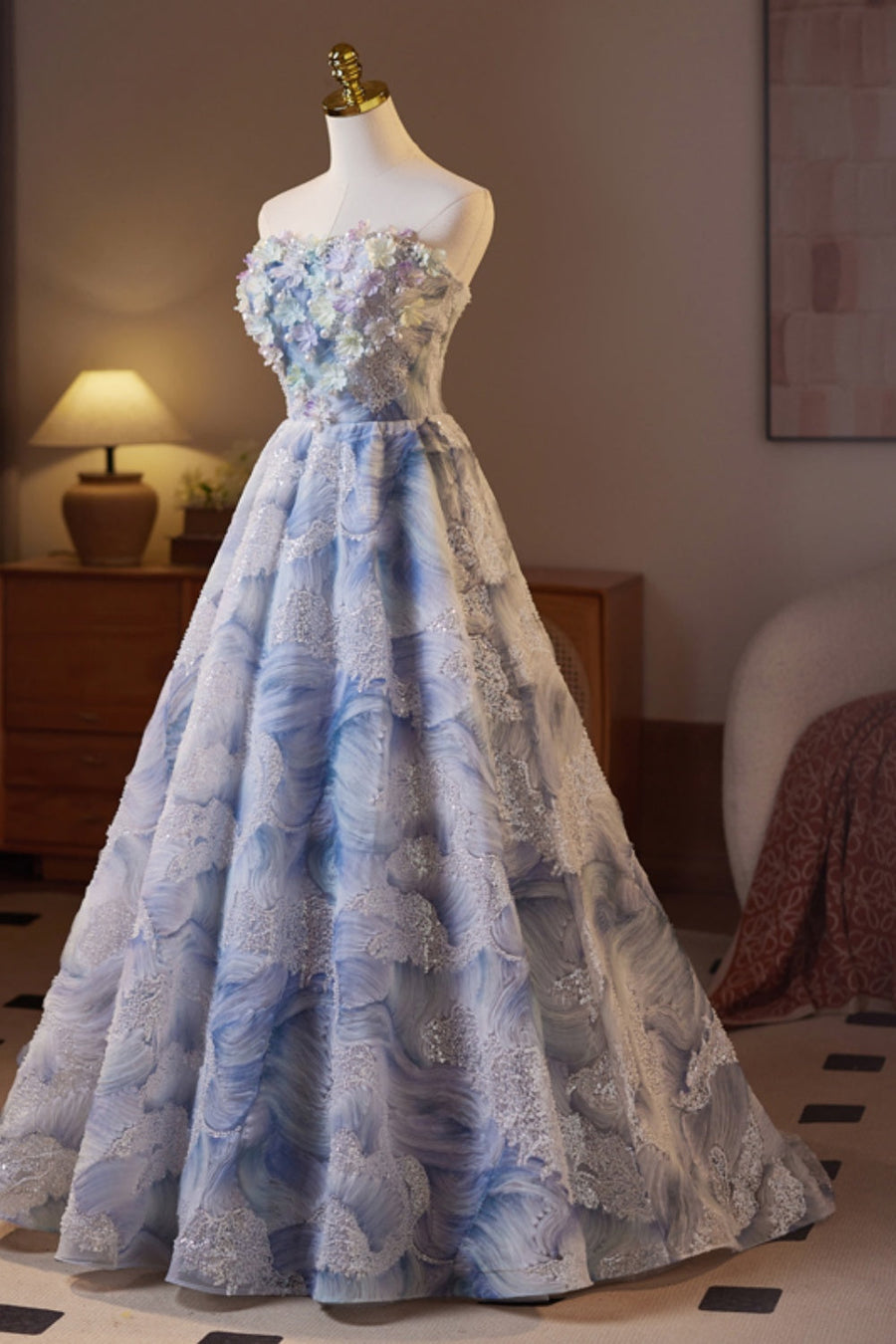 Strapless Blue Print A-line 3D Flowers Long Formal Gown