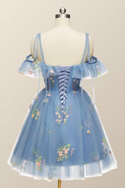 Blue Floral Ruffle A-line Homecoming Dress