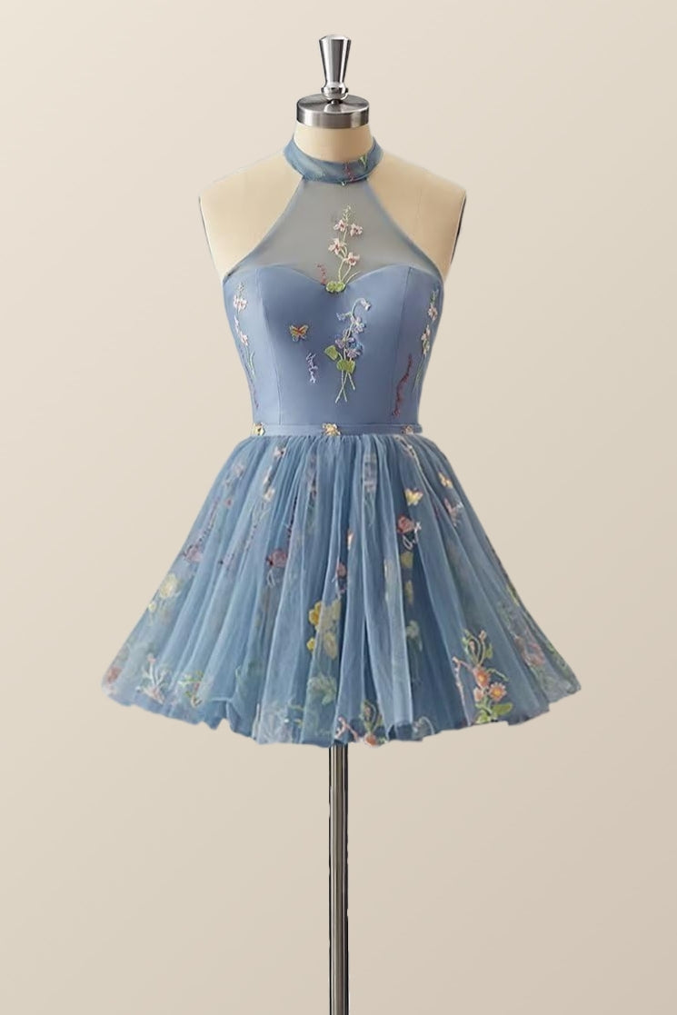 High Neck Blue Floral A-line Short Dress
