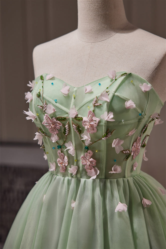 Sweetheart Green Tulle A-line Short Dress with 3D Flowers