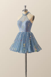 High Neck Blue Floral A-line Short Dress