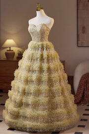 Golden Sweetheart Sequin Ruffle A-line Prom Gown