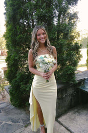 Strapless Yellow Pleated Long Dress with Slit