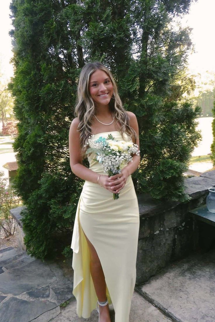 Strapless Yellow Pleated Long Dress with Slit