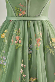 Cap Sleeves Green Floral Short Dress