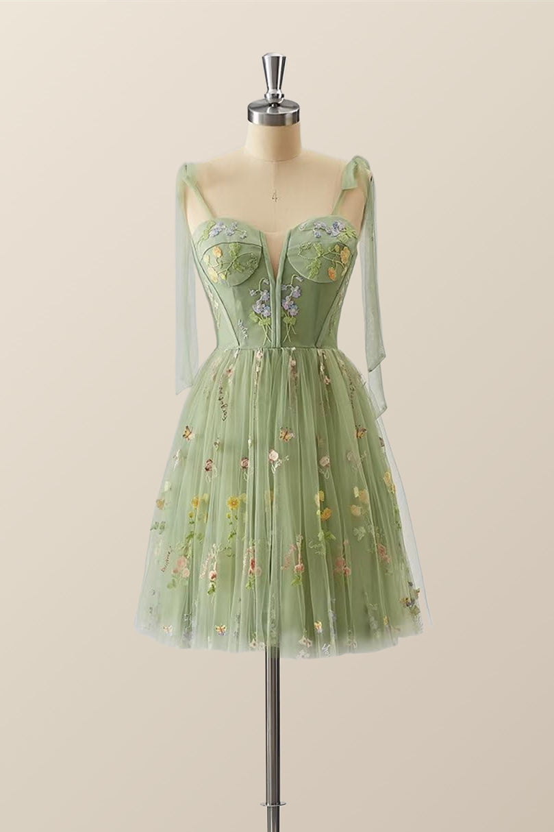 Green Floral Tulle A-line Short Dress with Tie Shoulders Ohmollydress Green Floral Tulle A-line Short Dress with Tie Shoulders Ohmollydress