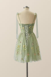 Green Floral Tulle A-line Short Dress with Tie Shoulders