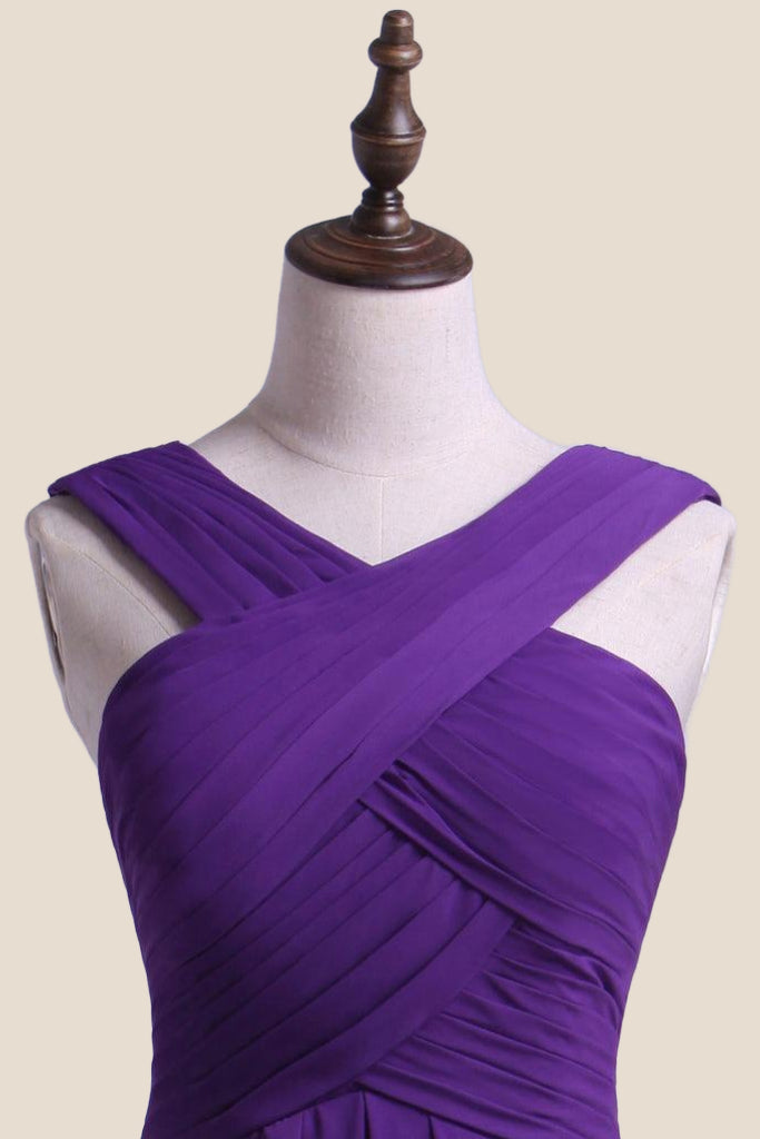 Short Purple Chiffon Pleated A-line Bridesmaid Dress