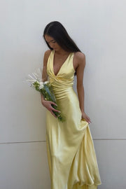 Twist V-neck Yellow Open Back Sheath Long Dress