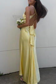 Twist V-neck Yellow Open Back Sheath Long Dress