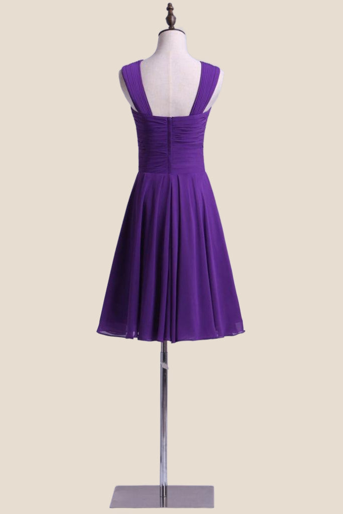 Short Purple Chiffon Pleated A-line Bridesmaid Dress