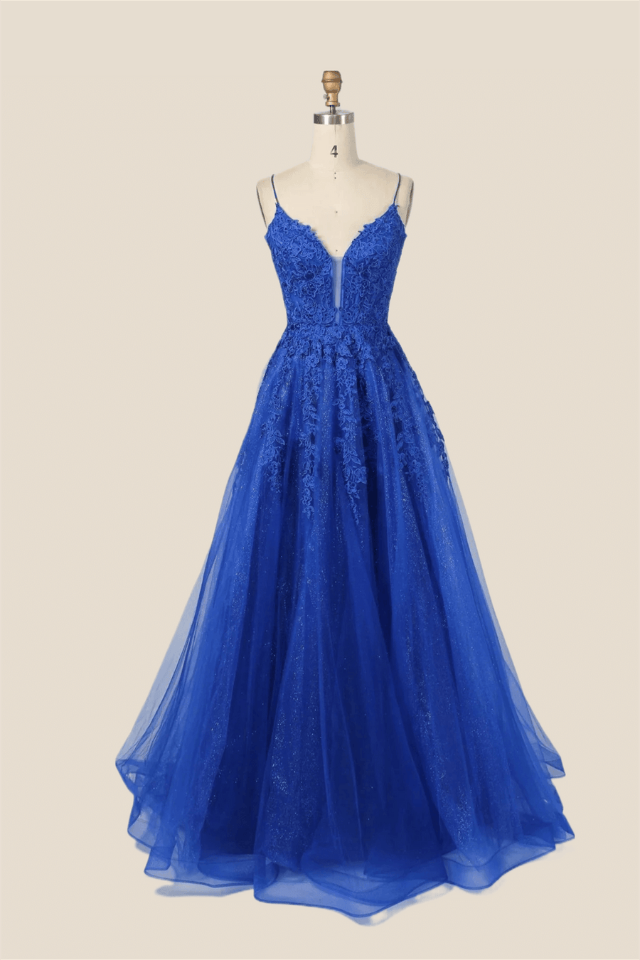 Royal Blue Lace Appliques Tulle Formal Dress