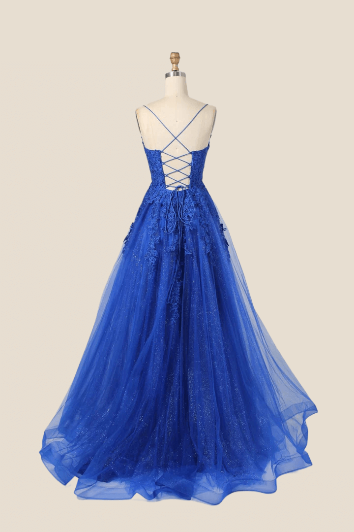 Royal Blue Lace Appliques Tulle Formal Dress