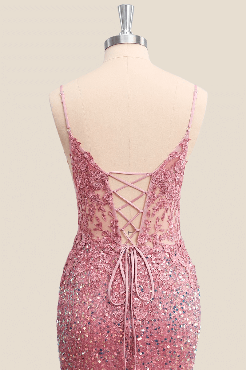 Pink Sequin Sheer Appliques Mermaid Long Party Dress